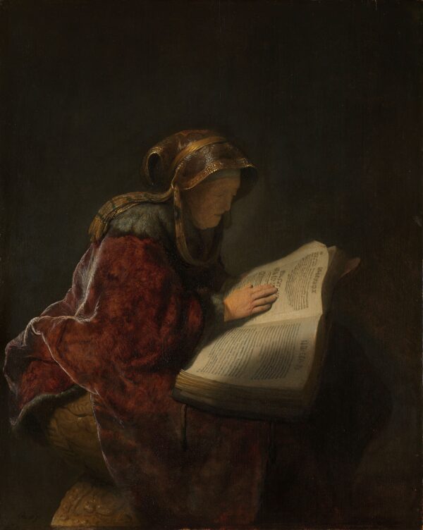 Schilderij oude lezende vrouw, Rembrandt Harmensz. van Rijn,